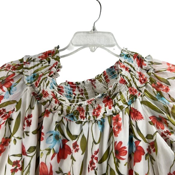 CeCe Women XL White Floral Off Shoulder Smocked Ruffle Sleeve Chiffon Top Beachy - Picture 11 of 16